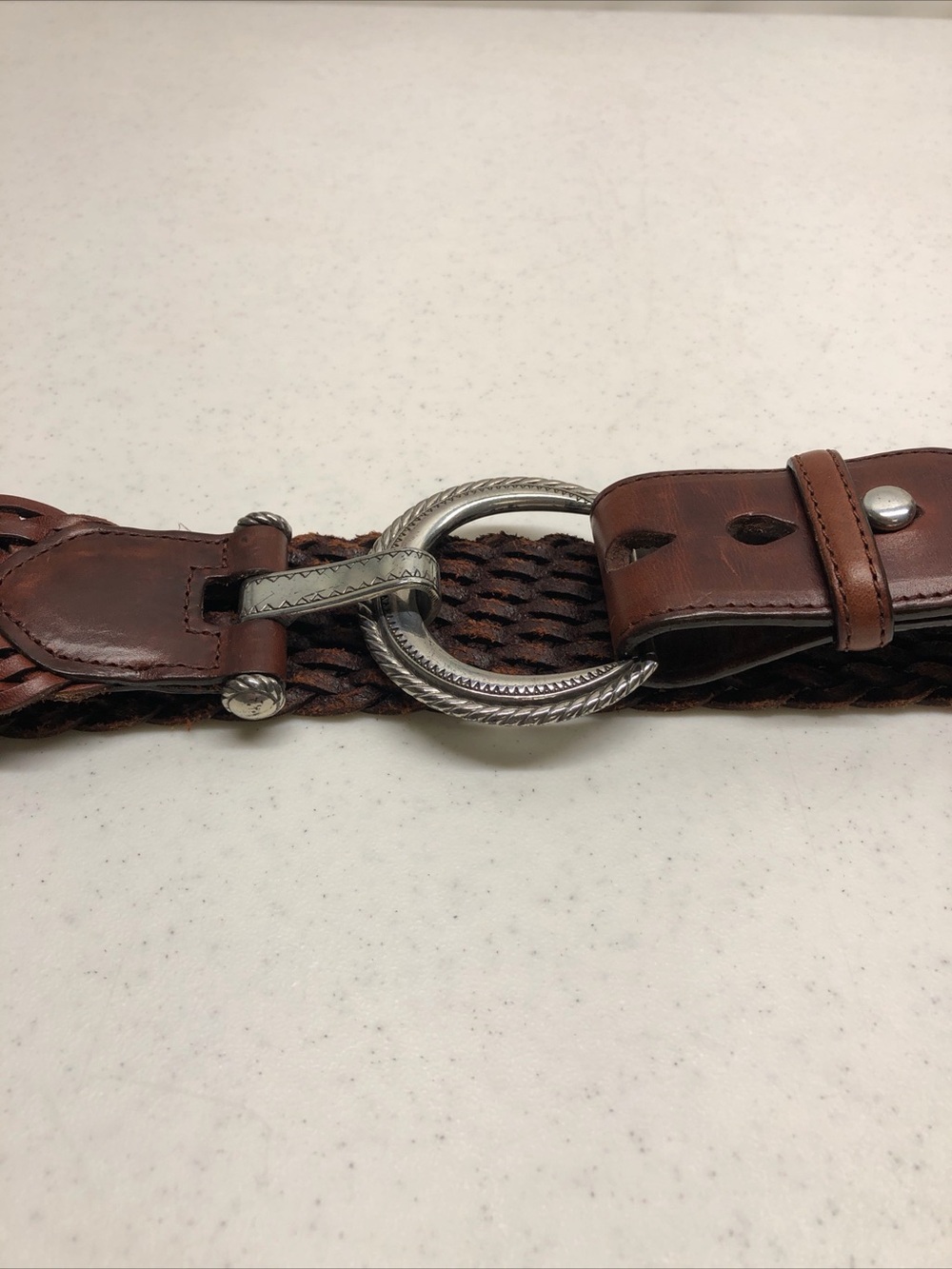 VTG. Woven Brown Leather Belt with Silver Colored Crescent Shaped Buckle